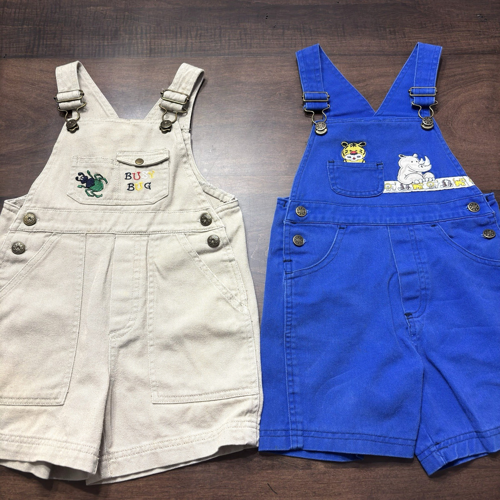Lot 2 Vtg 90s Y2K Kids Shorts Overalls Bibs Dinos Bugs Embordered USA Boys 4T